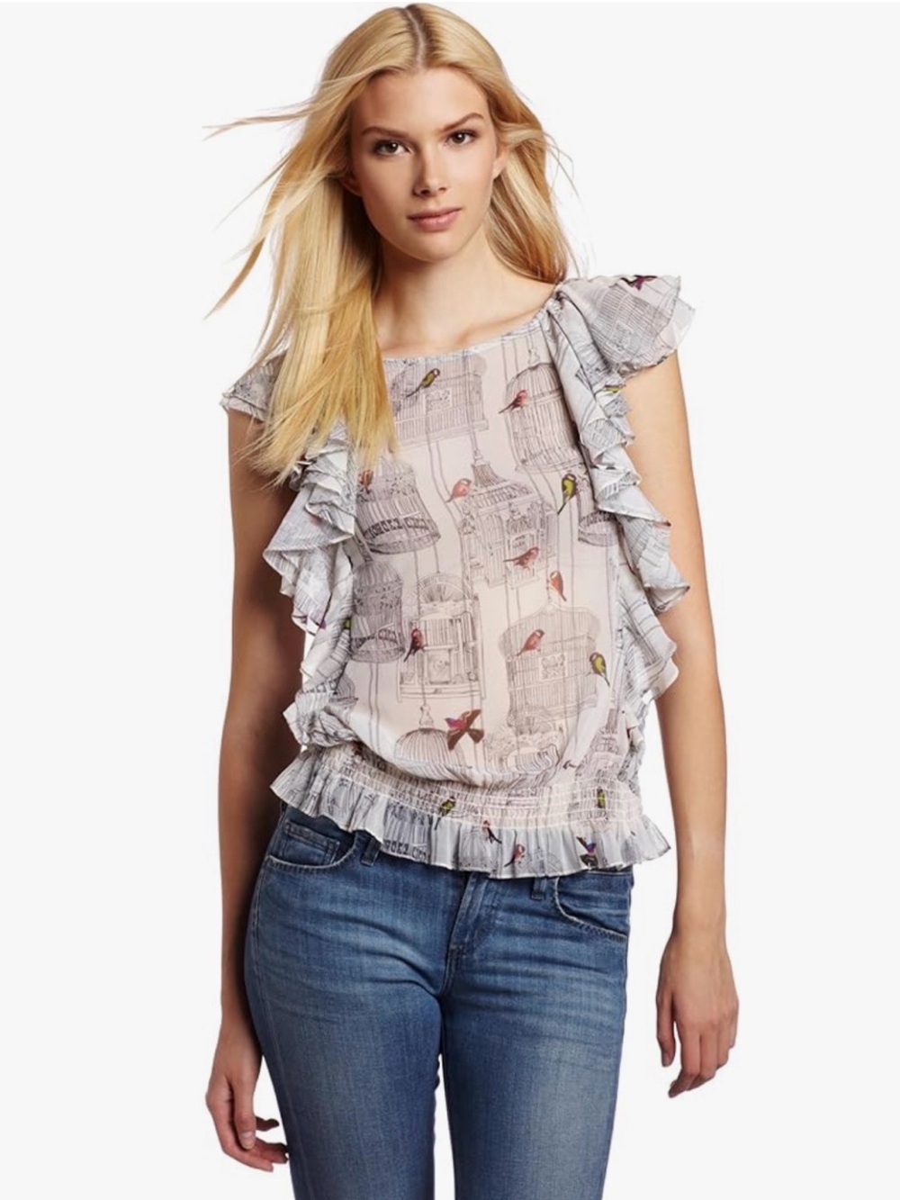 Ted Baker Babil birdcage print, flounced short sleeve sheer top Size 1